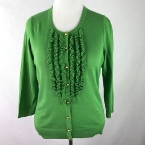 Talbots Kelly Green Ruffle Gold Button Cardigan L